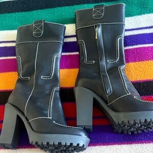 Yves Saint Laurent Black Mid-Calf Platform Heeled Boots with White Stitching